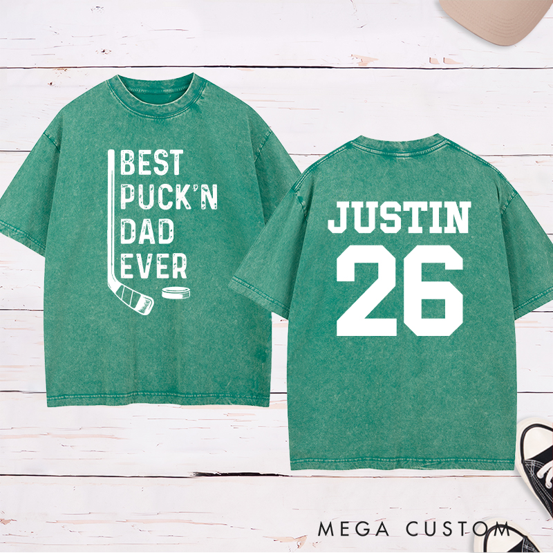 Personalized "Best Puck'n Dad Ever" Hockey Washed T-Shirt with Custom Name and Number