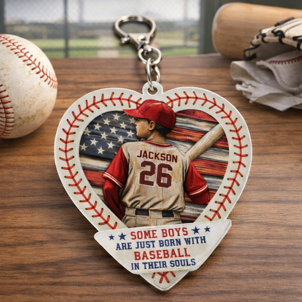 Personalized Baseball Heart Keychain Custom Name and Number for True Fans