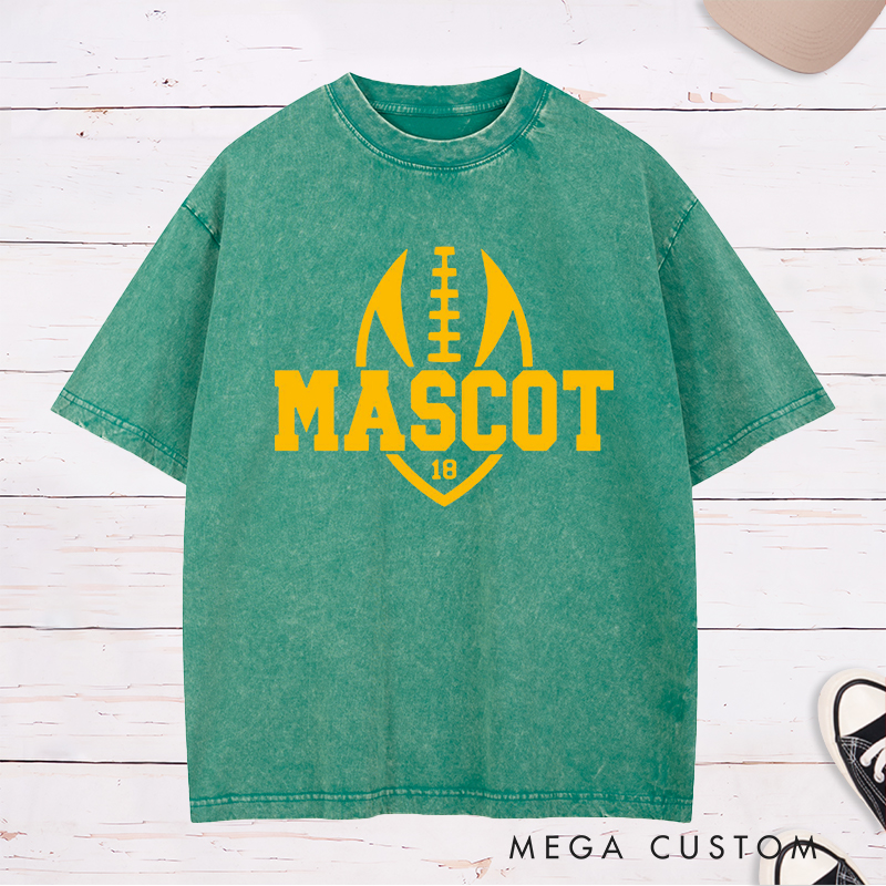 Personalized American Football and Rugby Washed T-Shirts Featuring Custom Mascot and Number on the Front