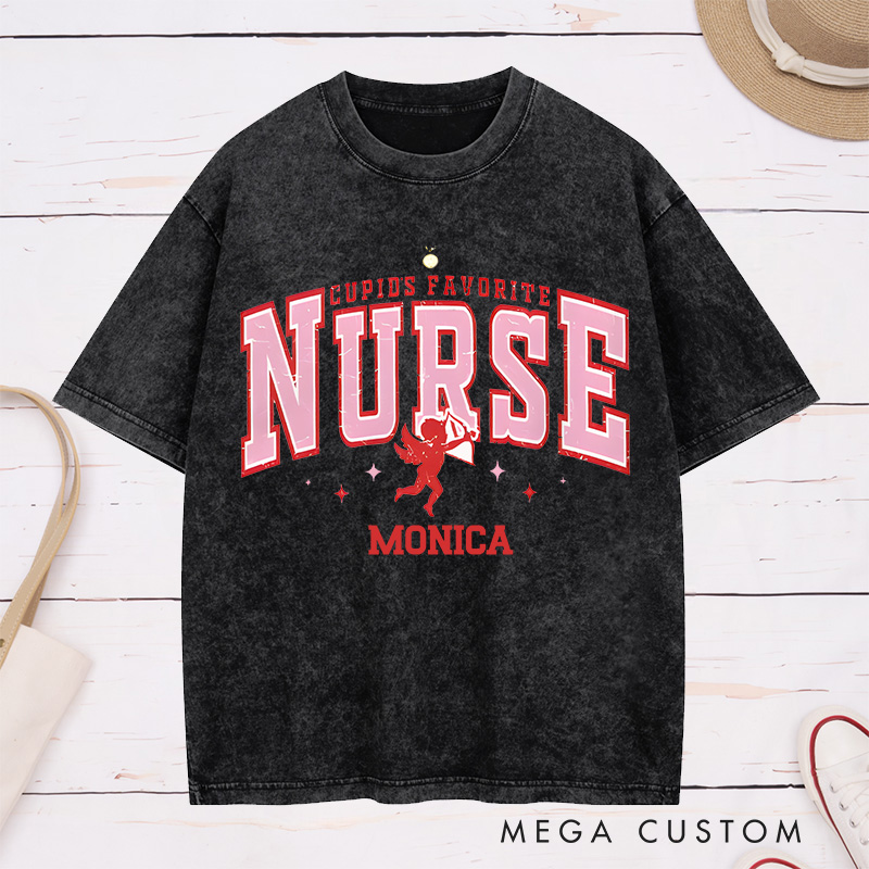 Personalized Nurse Washed T-Shirt Customized Cupid's Favorite Nurse Design Washed T-Shirt 