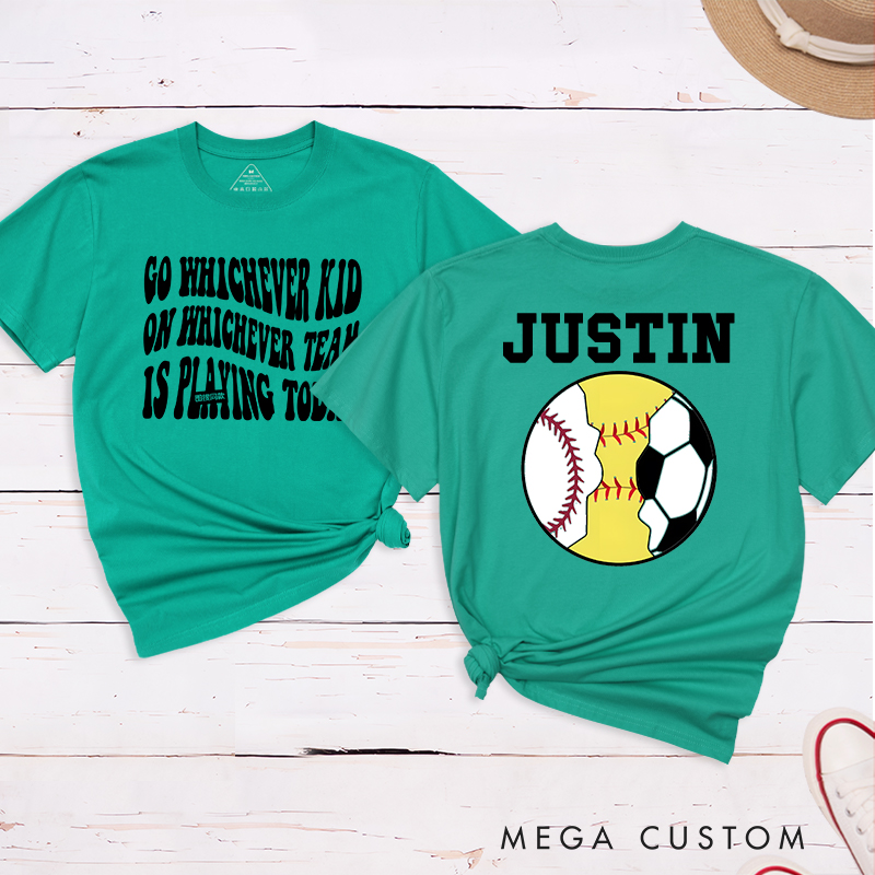 Personalized Sports T-Shirt Featuring Baseball Soccer and Softball Graphics with Customizable Back