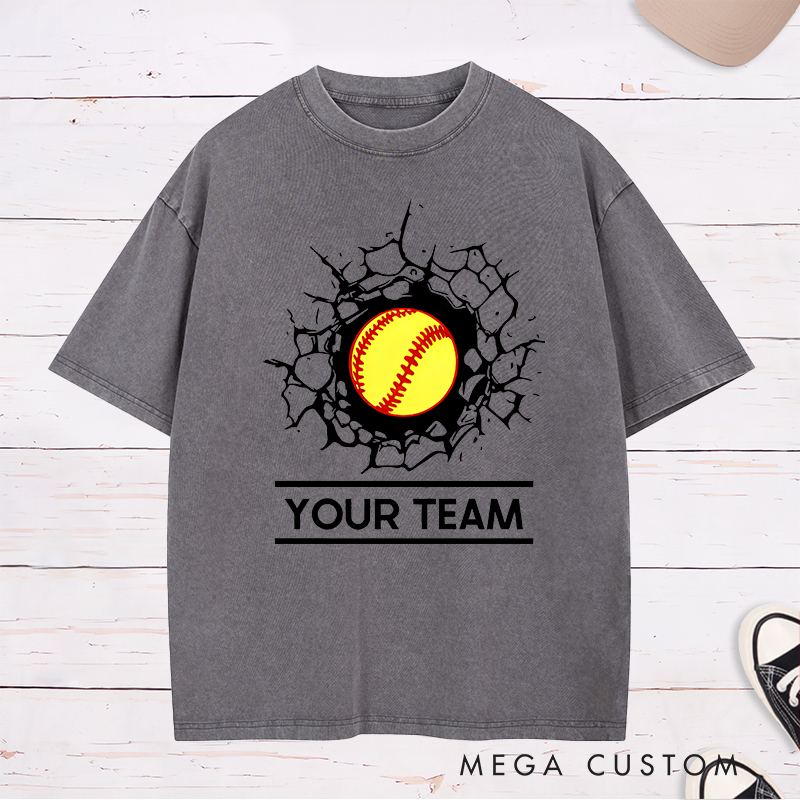 Personalized Softball Team Washed T-Shirt Design Featuring Customizable Team Name Bold Softball Graphic and Dynamic Cracked Wall Effect
