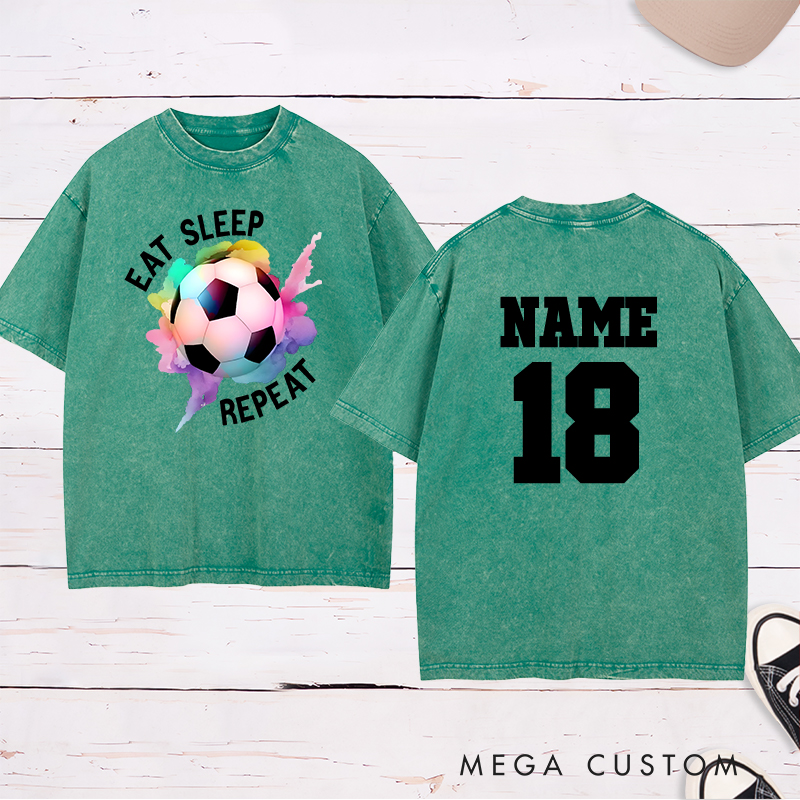 Personalized Soccer Washed T-Shirt with "Eat Sleep Repeat" Design and Custom Name and Number