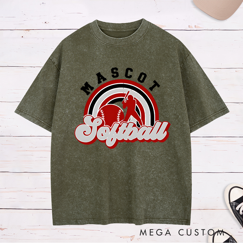 Personalized Softball Washed T-Shirt Design Featuring Custom Team Name Retro Rainbow Graphic Player Silhouette and Bold Typography