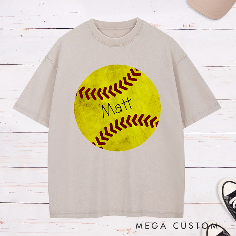 Personalized Softball Washed T-Shirt Design Featuring Custom Name Inside a Bold Softball Graphic