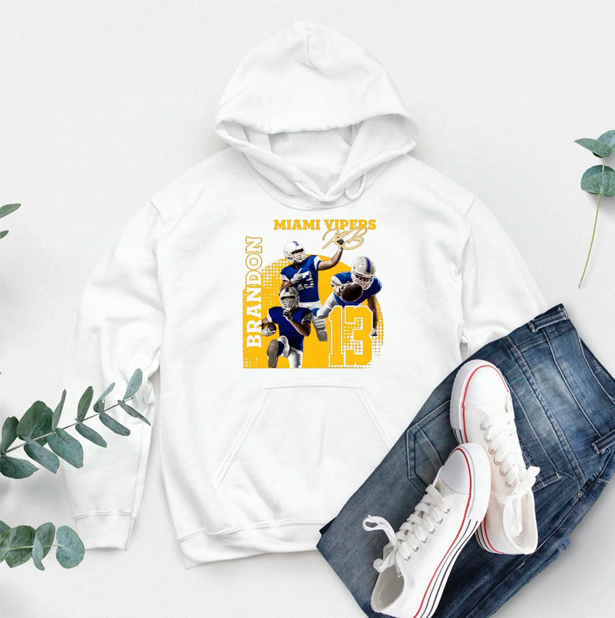 Personalized American Football Hoodie with Custom Photo, Name, Team Name, and Number Design