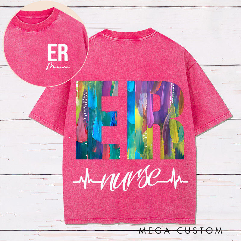 Personalized Two Sides Printed Washed T-Shirt Customized ER Nurse Vibrant Artistic Design Washed T-Shirt 