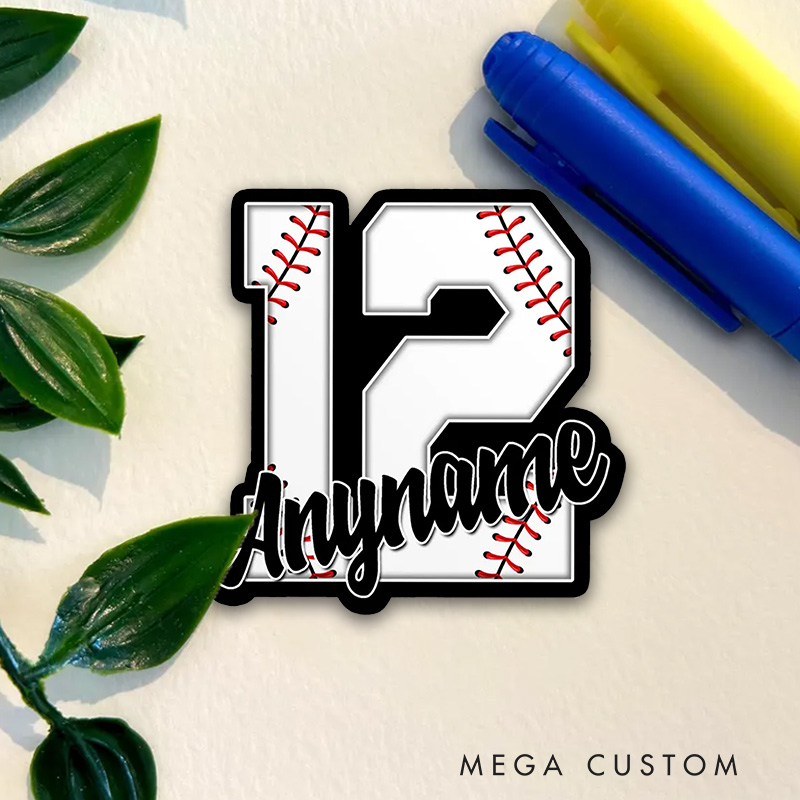 Personalized Baseball Sticker with Bold Number and Custom Name  
