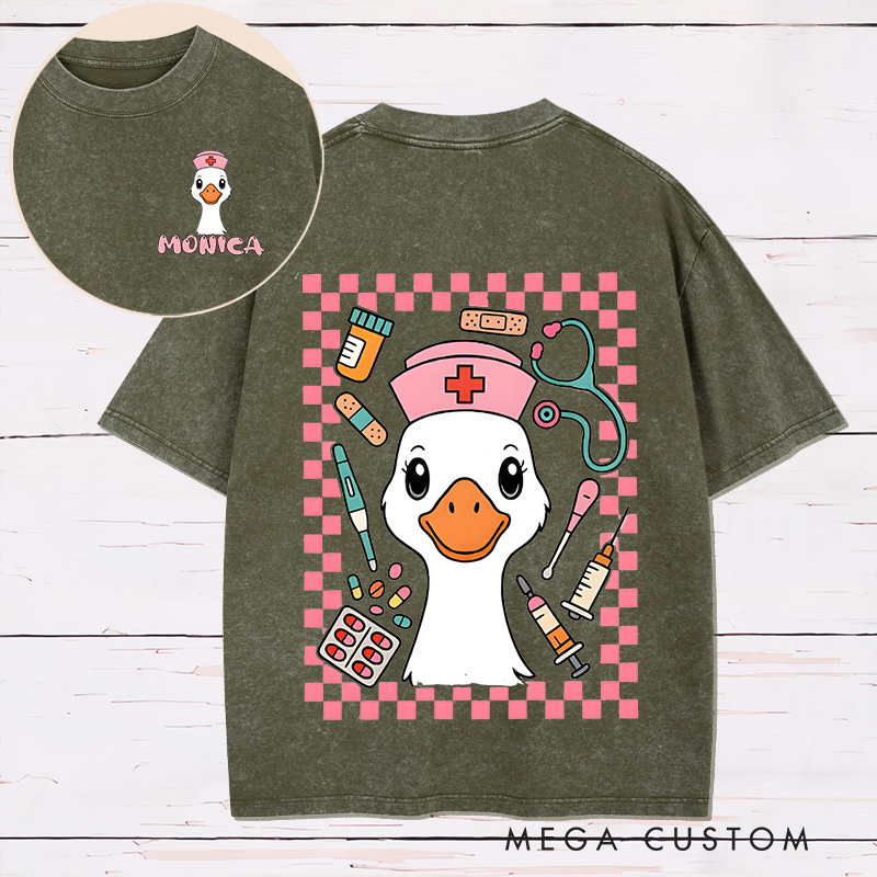 Personalized Two Sides Printed Washed T-Shirt Customized Nurse Goose Fun Design Washed T-Shirt 