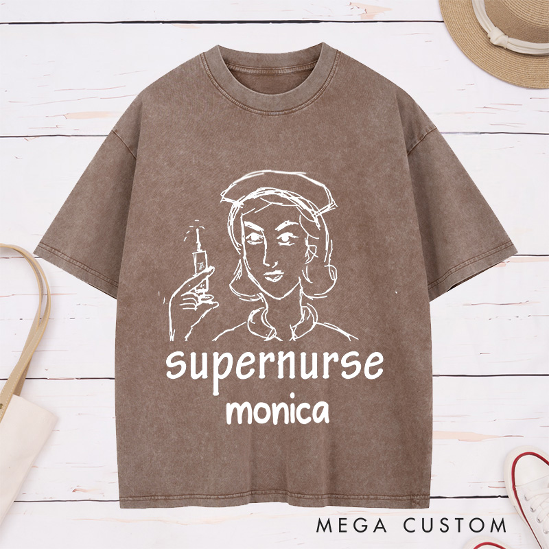Personalized Nurse Washed T-Shirt Customized Supernurse Design Washed T-Shirt 