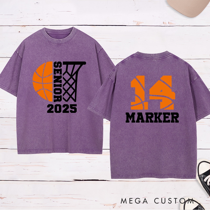 Personalized Washed T-Shirt Design Featuring Customizable Year Basketball Theme with Custom Name and Number for a Sporty Graduation Style
