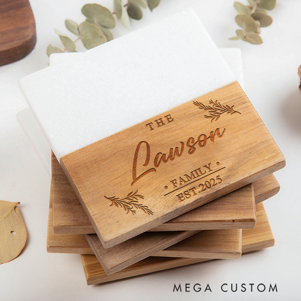 Personalized Botanical Family Coaster Custom Marble Wooden Coaster Housewarming Gifts Anniversary Gift for Couples New Home Gift Christmas Gifts