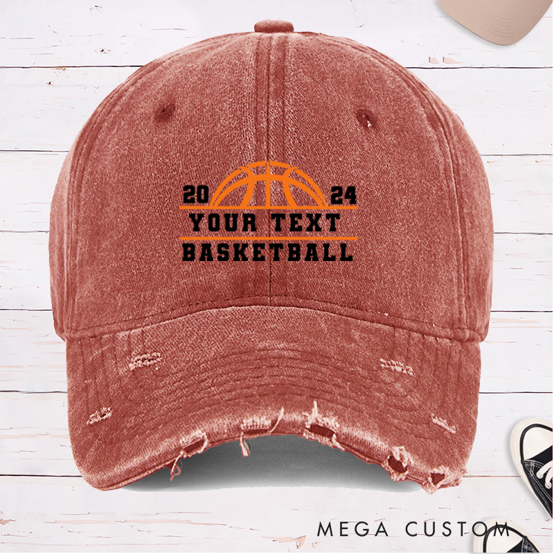 Personalized Distressed Denim Basketball Cap with Custom Year Team Name and Basketball Graphic Design