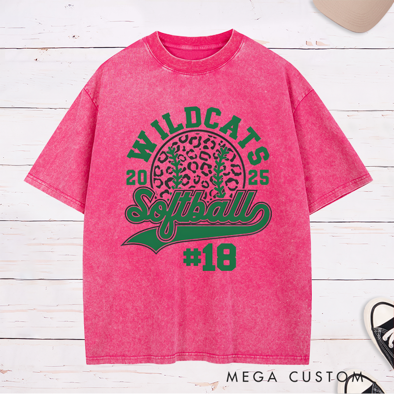 Personalized Customizable Softball Team Washed T-Shirt Design Featuring Bold Arched Team Name Leopard Print Softball Graphic Stylized Script Text for Softball and Custom Player Number