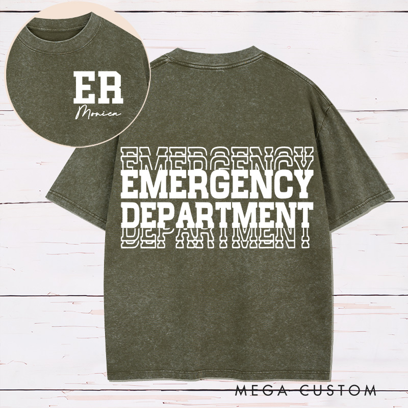 Personalized Two Sides Printed Washed T-Shirt Customized Emergency Department Bold Minimalist Design Washed T-Shirt 