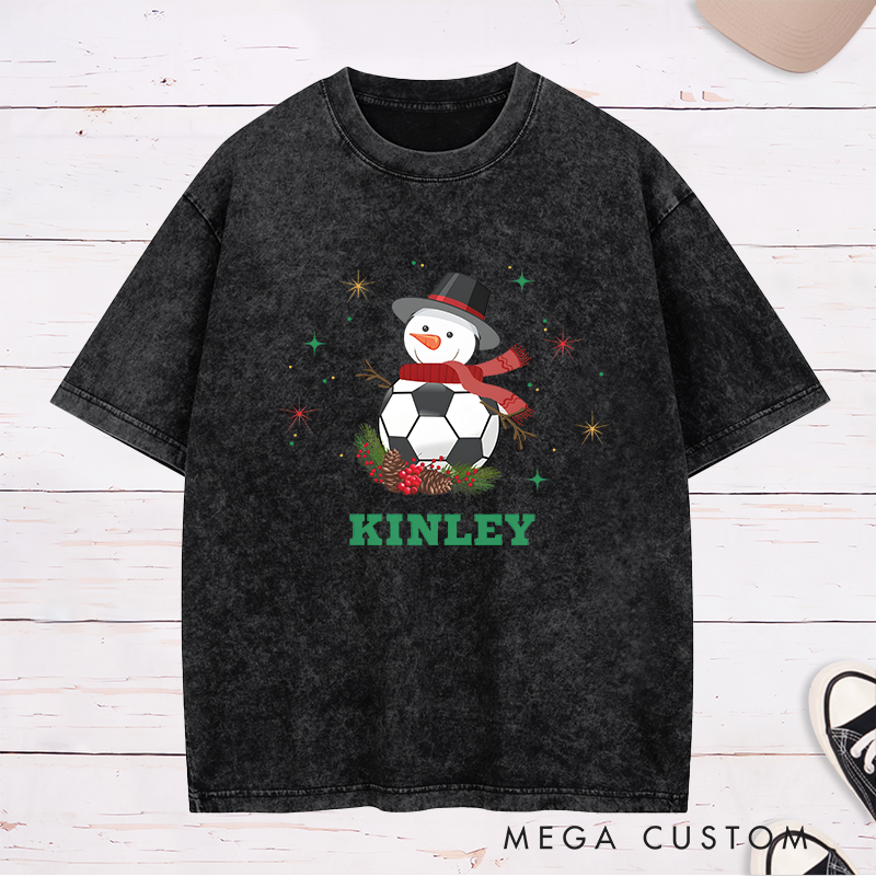 Personalized Snowman Soccer T-Shirt with Custom Name Christmas Design