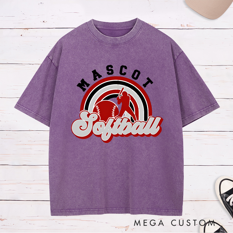 Personalized Softball Washed T-Shirt Design Featuring Custom Team Name Retro Rainbow Graphic Player Silhouette and Bold Typography