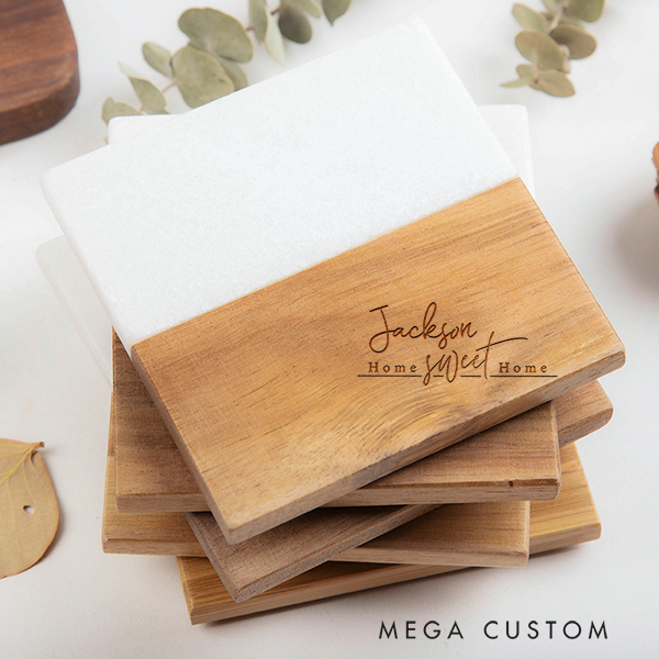 Personalized Coasters Wedding Housewarming Gift Custom Marble and Wood Coaster Home Sweeet Home Engraved Engagement Gift for Couple New Home Gift