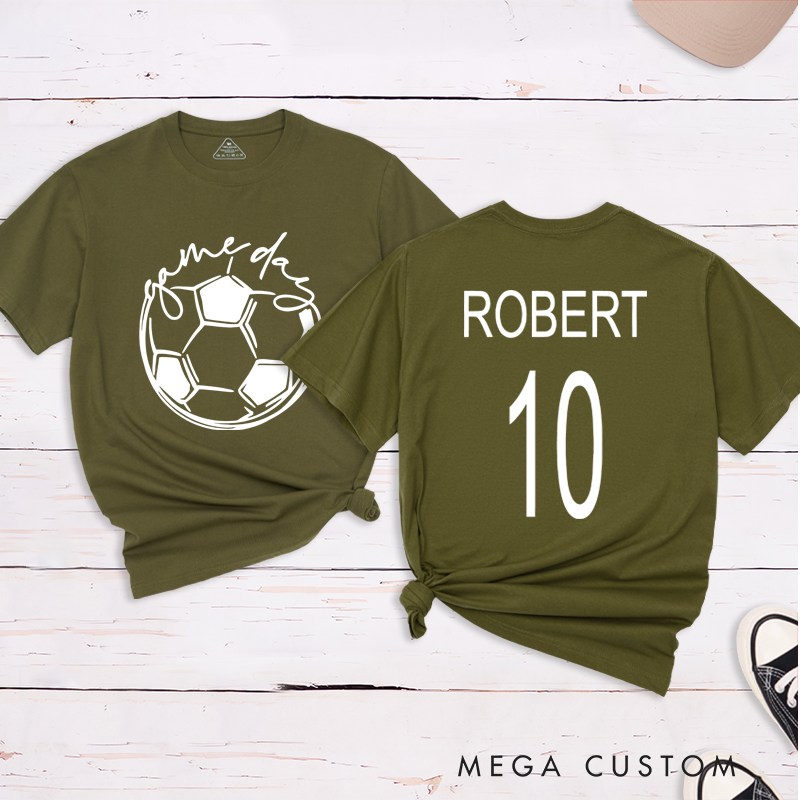 Personalized Soccer T-Shirt with Custom Name, Number, and "Game Day" Graphic Design
