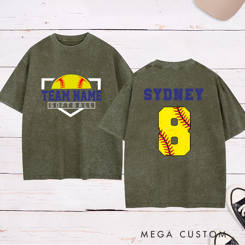 Personalized Softball Washed T-Shirt Design Featuring Custom Team Name on the Front and Player Name with Jersey Number on the Back