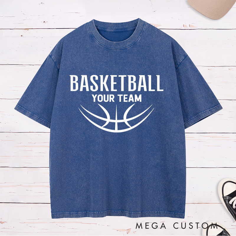 Personalized Washed T-Shirt Design Featuring a Minimalist Basketball Graphic with Customizable Team Name