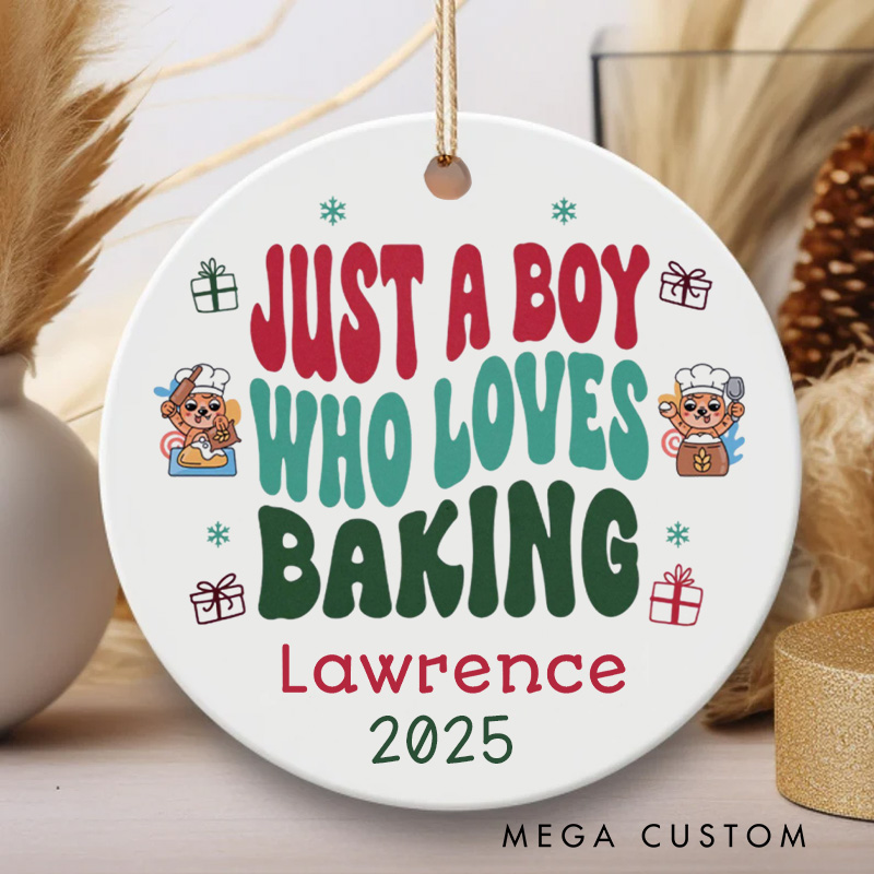 Personalized Just a Boy Who Loves Baking Christmas Ornament Custom Young Baker Ornament with Name Holiday Decor for Baking Lover Gift