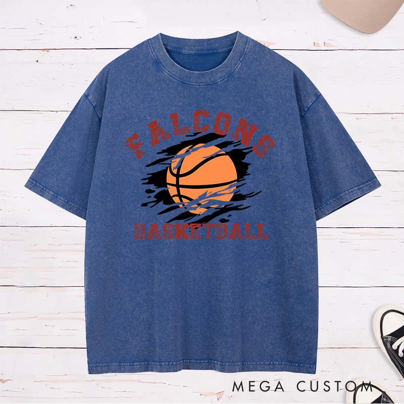 Personalized Washed T-Shirt Design Featuring Distressed Custom Team Name with Dynamic Basketball Graphic and Bold Vintage-Inspired Aesthetic