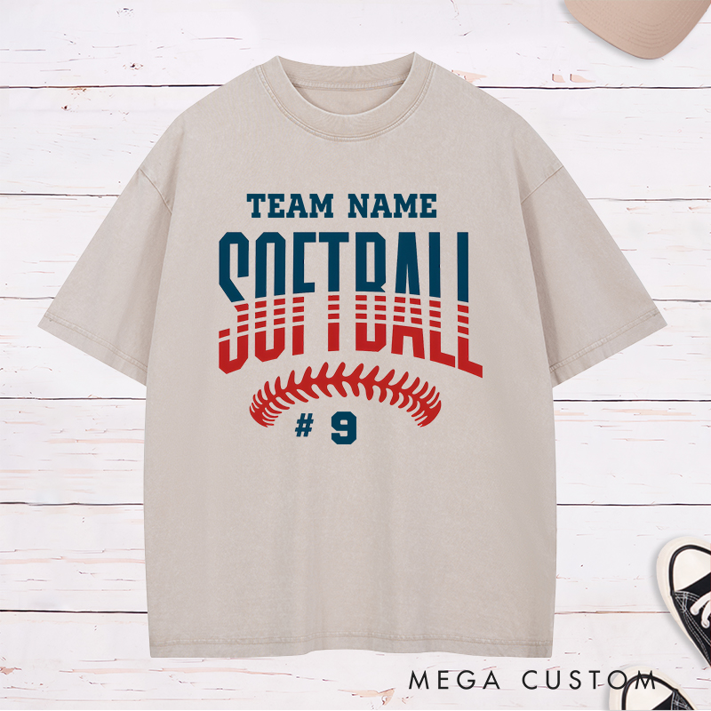Personalized Softball Washed T-Shirt Featuring Customizable Team Name Player Number Bold Gradient Block Lettering and Dynamic Softball Stitch Graphic for a Striking and Unified Look