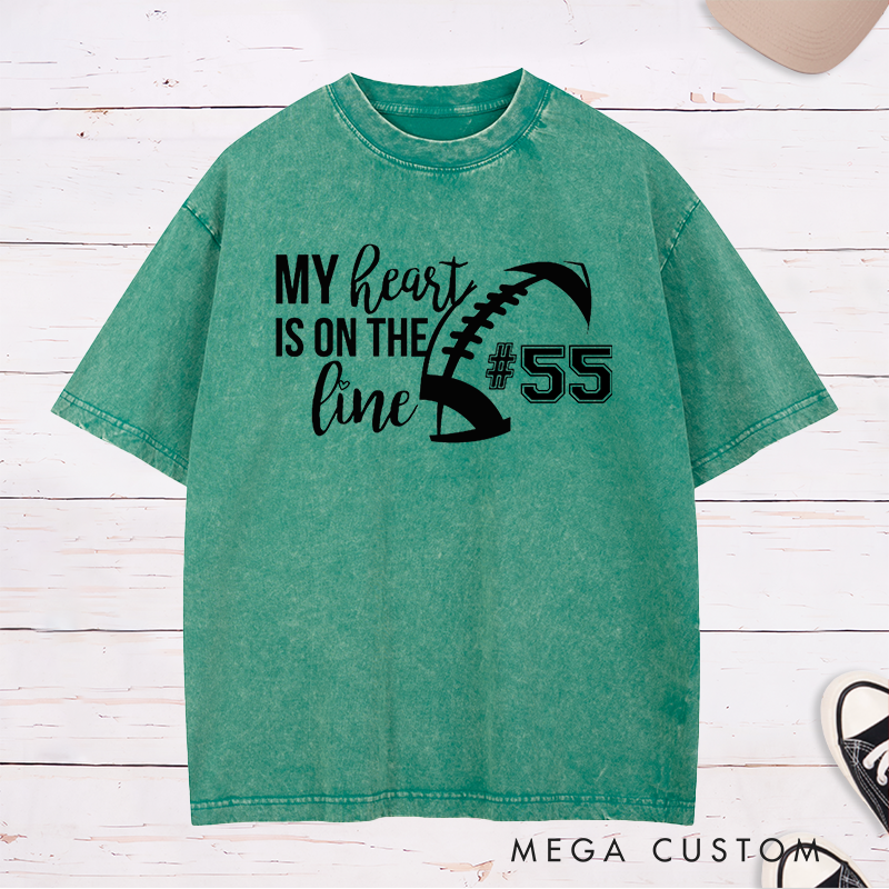 Personalized American Football and Rugby Washed T-Shirts for "My Heart is on the Line" with Custom Jersey Number