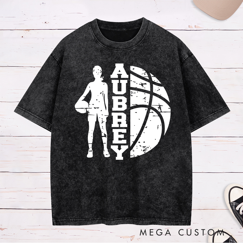 Personalized Washed T-Shirt Design Featuring a Bold Basketball Player Silhouette with Customizable Vertical Name and Distressed Graphic Style