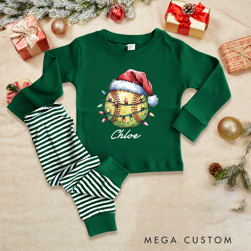Personalized Christmas Softball Pajama Set with Custom Name, Festive Santa Hat Design, and Striped Pants for Kids