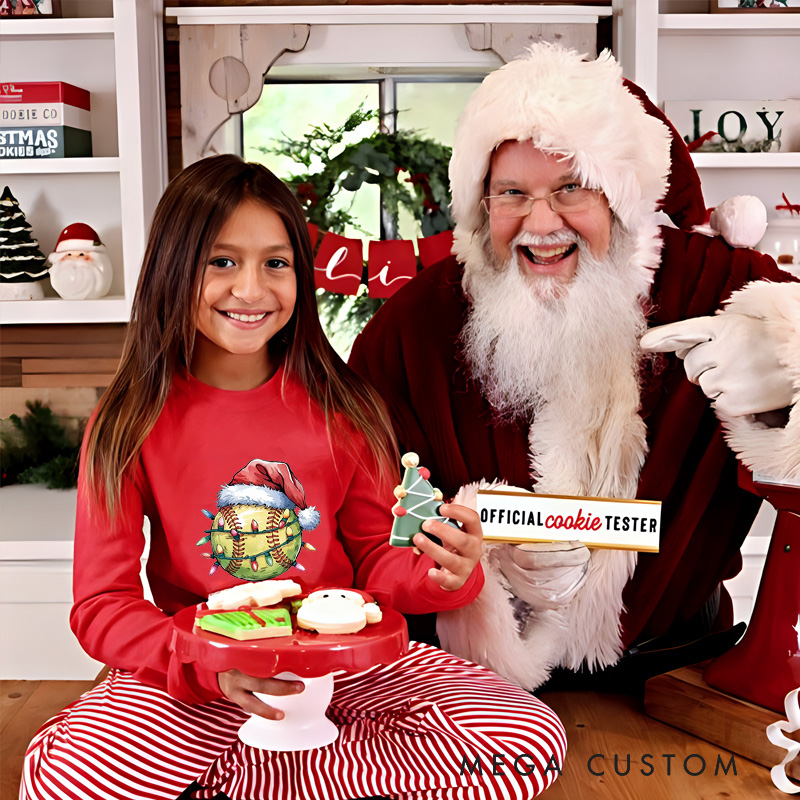 Personalized Christmas Softball Pajama Set with Custom Name, Festive Santa Hat Design, and Striped Pants for Kids