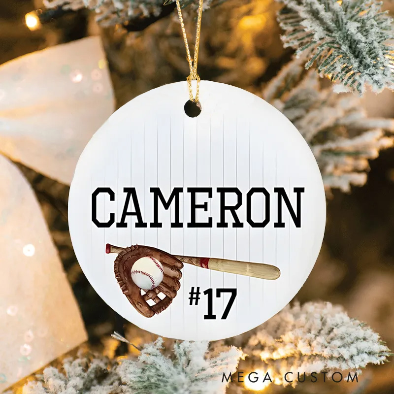 Personalized Baseball Christmas Ornament with Custom Name Number Bat Glove and Ball Design for Players and Fans