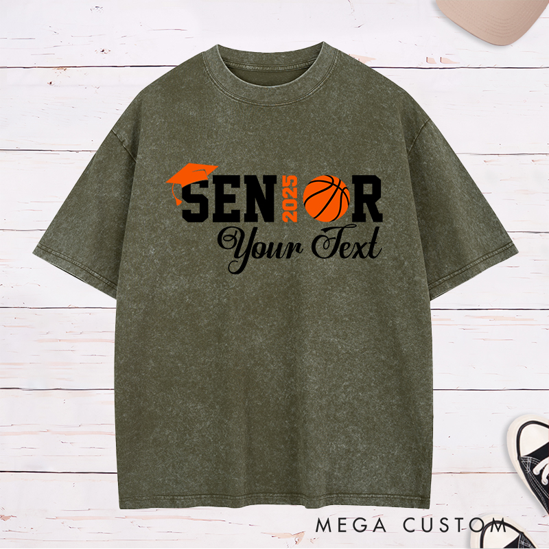 Personalized Washed T-Shirt Design Celebrating Senior 2025 Featuring a Basketball Graphic Graduation Cap and Customizable Text for a Relaxed and Timeless Look