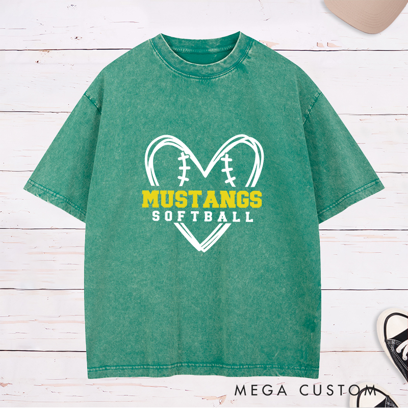 Personalized Softball Washed T-Shirt Design Featuring Heart-Shaped Softball Stitch Graphic with Custom Team Name in Bold Text and Softball Label in Clean Font