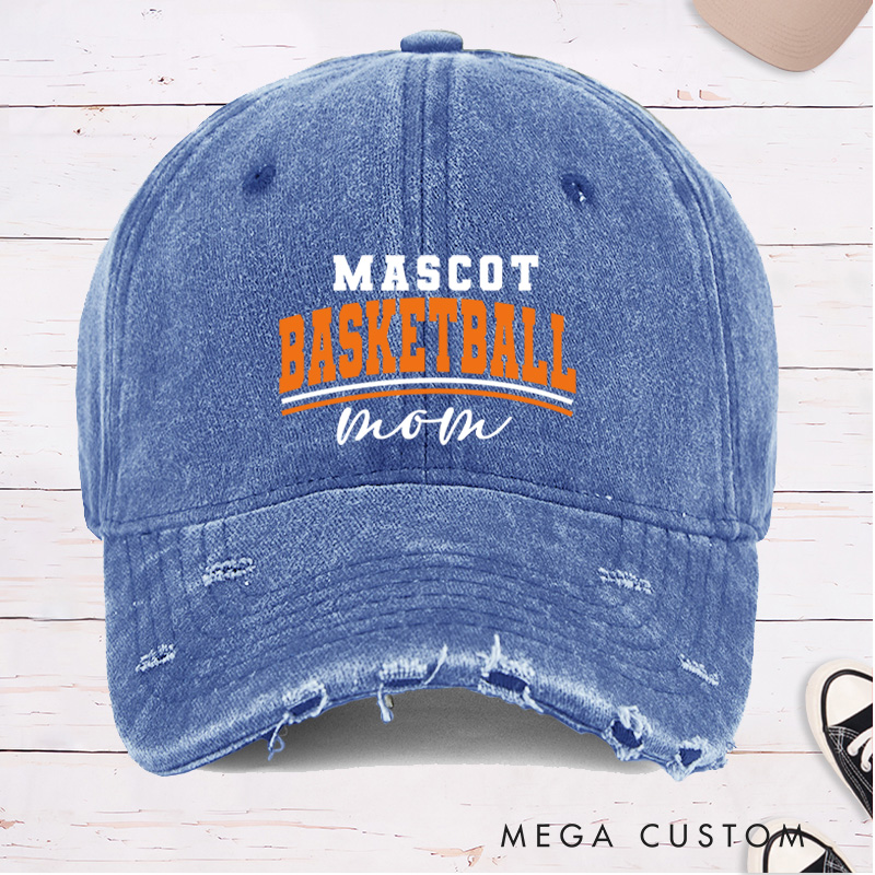 Personalized Distressed Denim Basketball Cap with Custom Mascot Basketball Mom Design