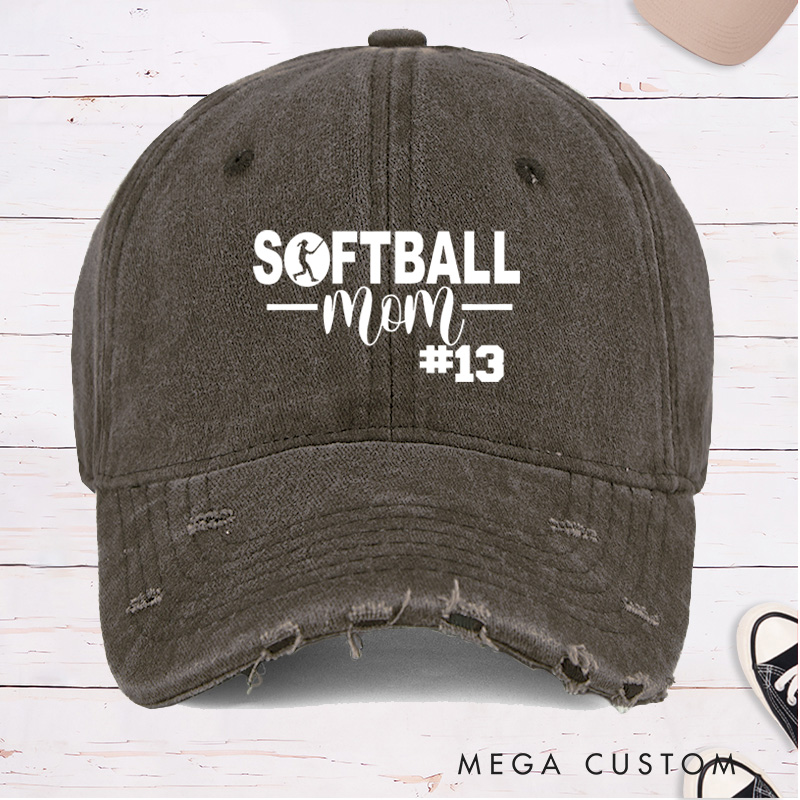 Personalized Distressed Denim "Softball Mom" Cap with Custom Player Number Design