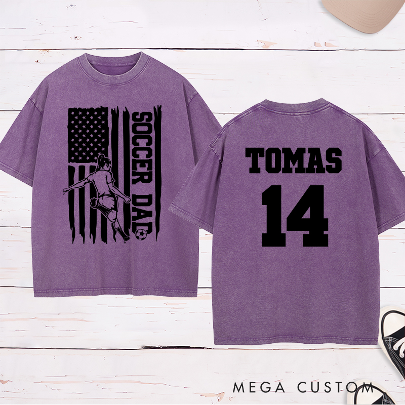 Personalized Soccer Dad Washed T-Shirt with Patriotic Flag Design and Custom Name