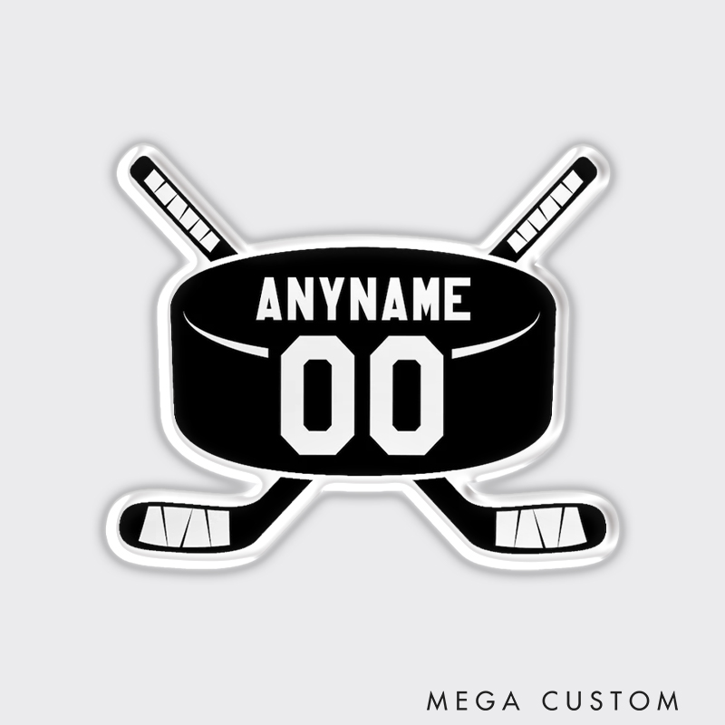 Personalized Hockey Fridge Magnet Featuring a Bold Puck and Sticks with Custom Name and Number