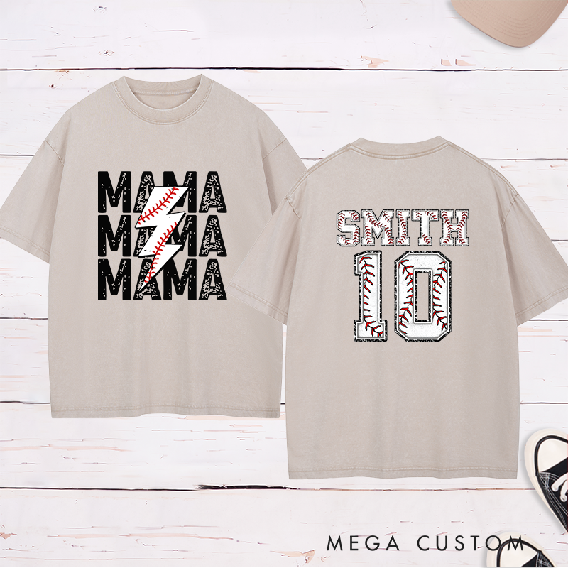 Personalized Baseball Mama Washed T-Shirt with Custom Name and Number