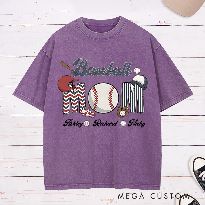 Personalized Baseball Mom Washed T-Shirt with Custom Names and Fun Sports-Themed Design