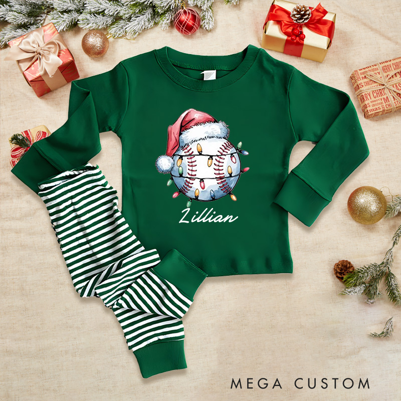 Personalized Christmas Pajamas Featuring Baseball Ornament and Holiday Lights  