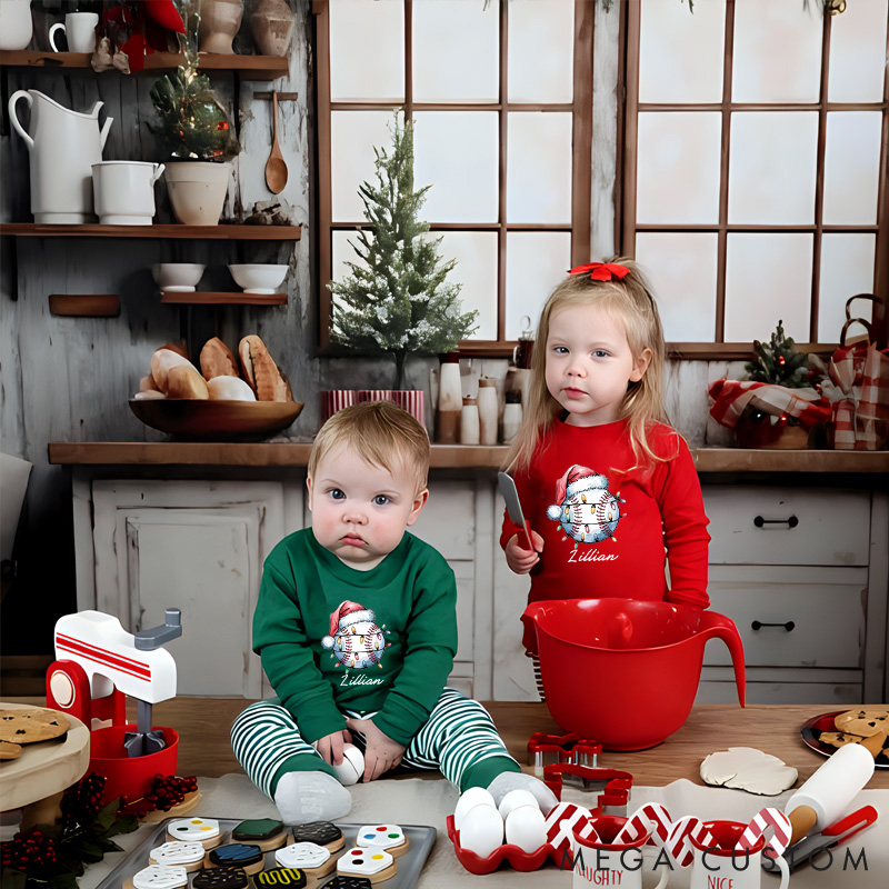 Personalized Christmas Pajamas Featuring Baseball Ornament and Holiday Lights  