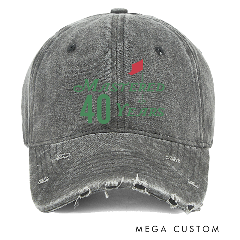 Personalized Distressed Denim Baseball Cap with Custom Age and "Mastered Years" Golf Flag Design for Milestone Celebrations