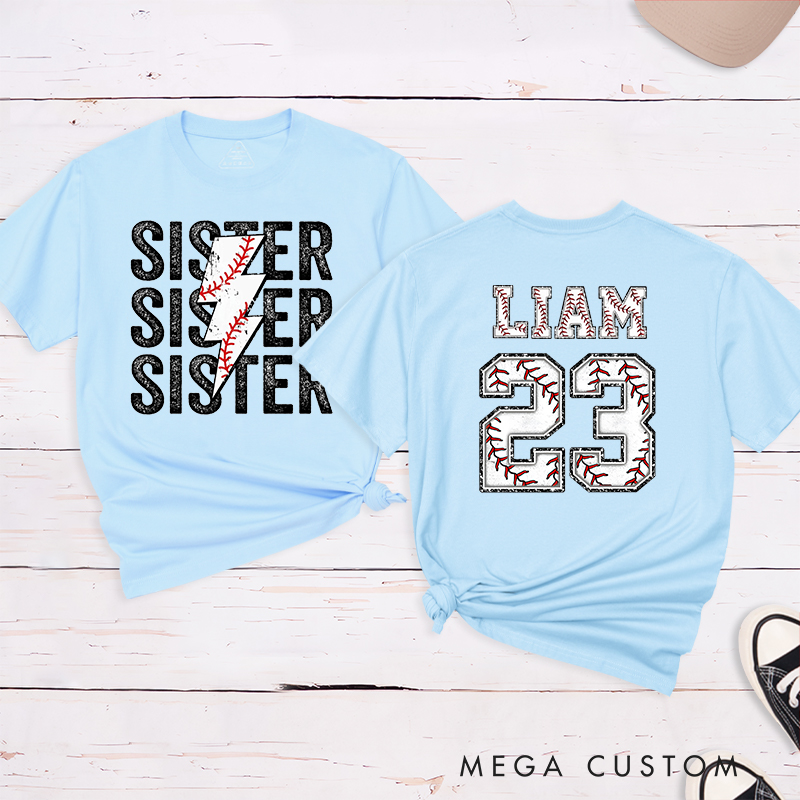 Personalized Baseball Sister T-Shirt with Lightning Stitch Design and Custom Name and Number