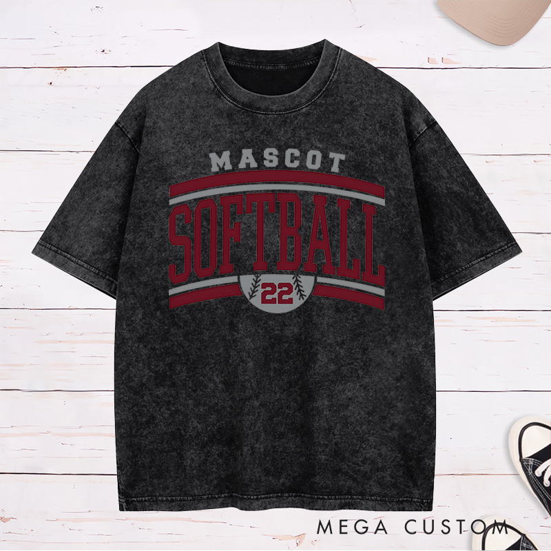 Personalized Softball Team Washed T-Shirt Design Featuring Custom Team Name Bold Typography and Customizable Jersey Number Integration