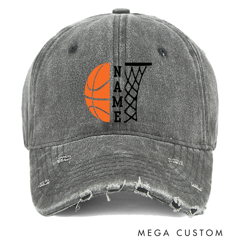 Personalized Distressed Denim Basketball Cap with Custom Name Basketball Graphic and Hoop Design