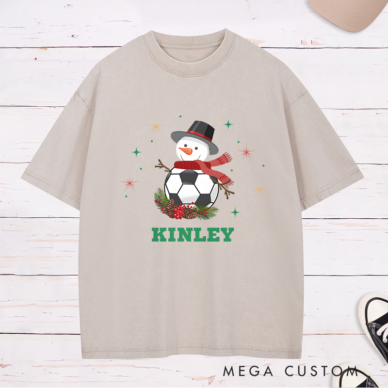Personalized Snowman Soccer T-Shirt with Custom Name Christmas Design
