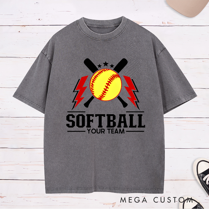 Personalized Softball Team Washed T-Shirt Design Featuring Customizable Team Name Bold Softball Graphics Crossed Bats and Striking Lightning Elements