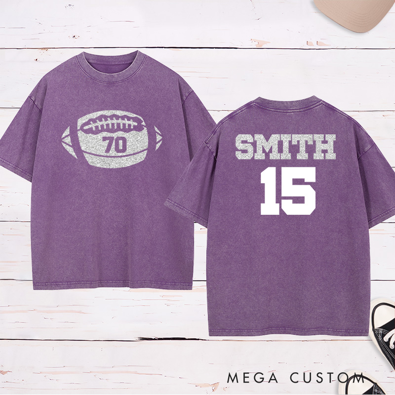 Personalized Glitter American Football and Rugby Washed T-Shirt with Custom Name and Number on the Back